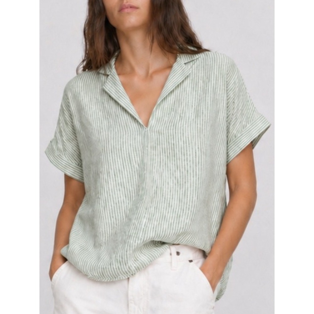 Beachlunchlounge Green Striped Linen Cotton Short Sleeve Tunic Top Oversized S